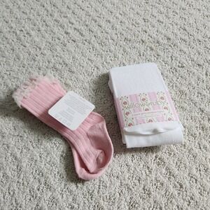 Girls 2 Pack White Opaque Tights 2T-4T and Pink Lace Trim Socks NWT